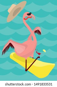 Flamingo in a straw hat with a cocktail rides along the waves on a banana