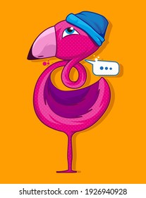 Flamingo Stil mit Hut. Coole Illustration. Spaß-Aufkleber. Patch. Bekleidungsdesign. Vektorgrafik