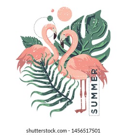 flamingo stylish t-shirt and apparel trendy design with palm trees silhouettes, typography, print, vector illustration. Global swatches.