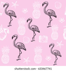 flamingo and summer elements on the pink background