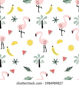 Flamingo and summer elements seamless pattern in doodle style on white background for summer fashion print, gift wrapping paper, wallpaper etc.