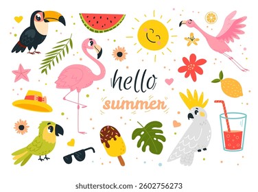 Flamingo summer elements. Tropical birds, flamingos toucan parrot. Seasonal vacation accessories, ice cream sunglasses cocktail, classy vector clipart