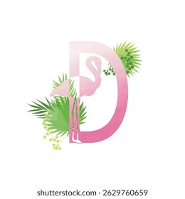 Flamingo summer family monogram. Latin letter D on white background