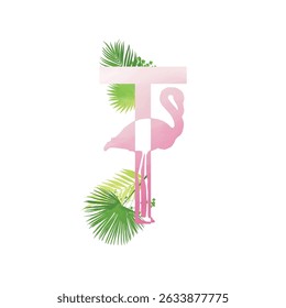 Flamingo summer family monogram. Latin letter T on white background