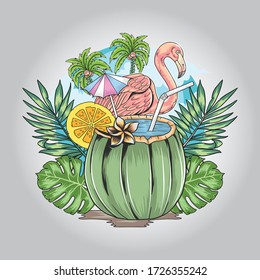 VERANO DE FLAMINGO CON VECTOR DE ARTE DE COCOCHE Y HOJAS NATURALES