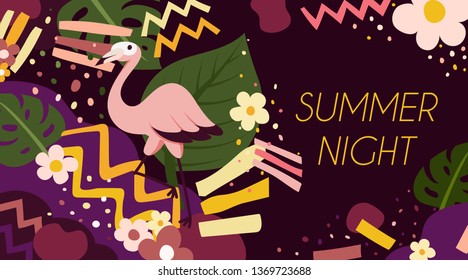 Flamingo in Summer Night, Vector, Illustration