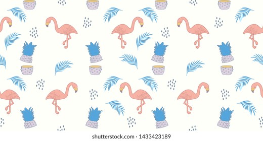 flamingo summer pattern. Trendy exotic tropical pastel colors background seamless drawing.