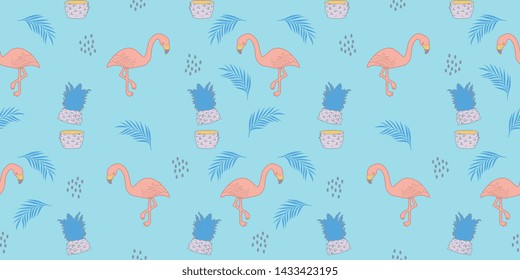 flamingo summer pattern. Trendy exotic tropical pastel colors background seamless drawing.