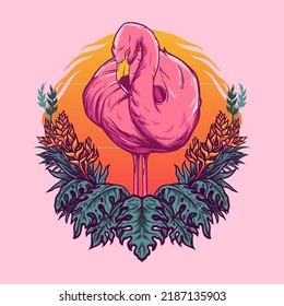 Flamingo Summer Plant Logo Illustration Vector