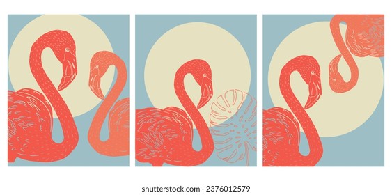 Flamingo summer posters. Retro vector illustration