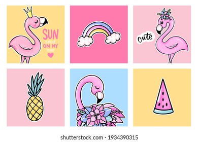 Flamingo summer posters set, rainbow, watermelon, pineapple vector stock illustrations. Bright printable cards. Cute cartoon design. Tropical birds.