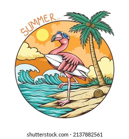 Flamingo Summer with Surfboard and Glasses