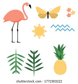 Flamingo, sun, butterfly, flower, palm leaf, ananas amd sea wave icons set on white background. Vector Illustration EPS10