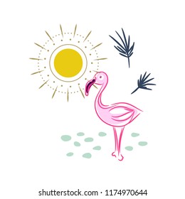 Flamingo and sun isolated vector print.