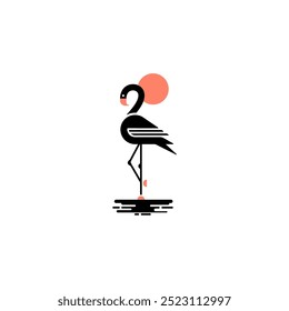 Das Flamingo With Sunset Logo-Design fängt elegant einen anmutigen Flamingo ein, der sich gegen einen lebendigen Sonnenuntergang verstummt.