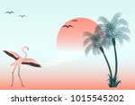 Flamingo at sunset on lake scene. Vector illustration