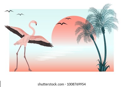 Flamingo at sunset on lake scene. Vector illustration