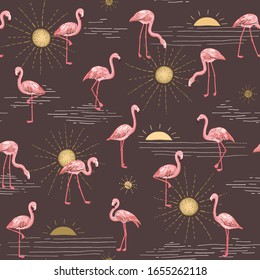 Flamingo at sunset vector hand drawn seamless doodle pattern