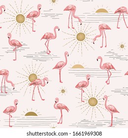 Flamingo at sunset vector hand drawn seamless doodle pattern