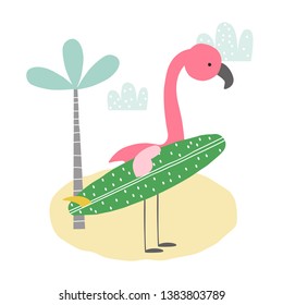 Flamingo surfer with surfboard on the beach. Kids funny print. Vector hand drawn illustration.