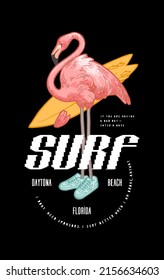 Flamingo Surfing. Flamingo Character In Cool Sneakers Holding Surfboard.  Modern Surfing T-shirt Print Typography Vector Illustration.