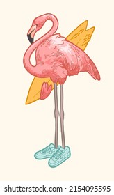 Flamingo surfing. Cute Flamingo character in sneakers holding surfboard isolated vector illustration.