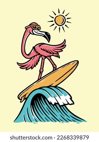 flamingo is surfing on the beach