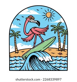 flamingo is surfing while having fun on the beach