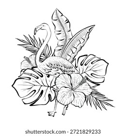 Flamingo surrounded by tropical leaves and flowers in detailed vector line illustration, on white background, botanical wildlife graphic ideal for logos, prints, packaging, posters and branding