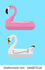 Flamingo and swan inflatable swimming pool floats. Vector illustration. Rings for swimming. Set of swimming rings. Inflatable rubber toy. Swimming circles with various shapes. 