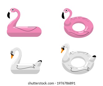 Flamingo and swan inflatable swimming pool floats. Vector illustration. Rings for swimming. Set of swimming rings. Inflatable rubber toy. Swimming circles with various shapes. 