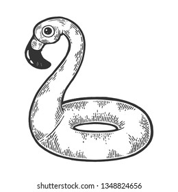 Flamingo swim beach ring sketch engraving vector illustration. Scratch board style imitation. Hand drawn image.
