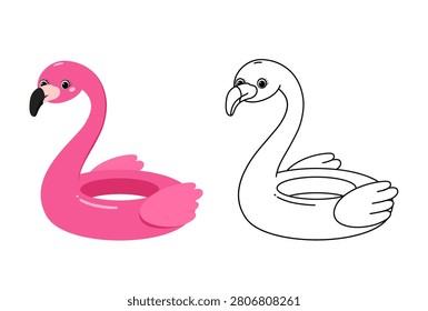Flamingo swim ring. Inflatable floating pink lifebuoy, rubber children's pool toy. Vector illustration.