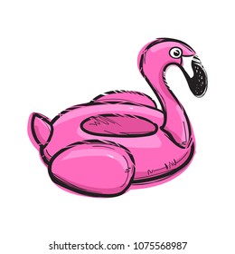 Flamingo swim ring. Pool float. Inflatable pink flamingo. Swimming circle. Life buoy. Rubber or inflatable ring. Vector illustration.