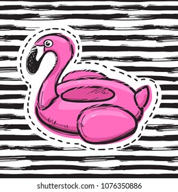 Flamingo swim ring. Pool float. Inflatable pink flamingo. Swimming circle. Summer print, sticker badge, fashion patch on fabric. Vector illustration.