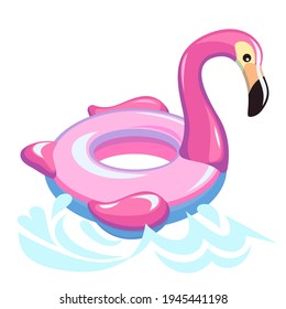 Flamingo Schwimmen. Aufblasbares Strand- oder Poolkautschukspielzeug, hellrosa Sommervogelfloat, Meerring mit Meereswellen-Cartoon-Konzept. Exotische Boje auf tropischem Resort, Vektorgrafik