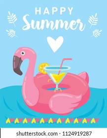 Flamingo swimming pool ring summer print card design.