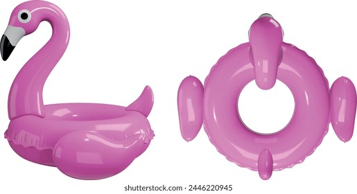 anillo de natación flamingo ilustración 3d. ilustración realista flamingo inflable vista superior y lateral