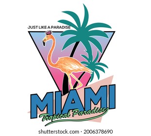 Diseño de camisetas de flamenco para ropa. Obras de arte de Miami palm beach. ilustración de sticker del paraíso de verano. 