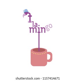 Flamingo from the text, a blue cup - a hat and a red cup. Emblem, logo for a cafe, bar. White background. Isolated object