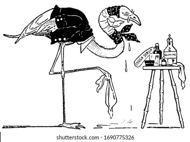 Flamingo, diese Szene zeigt Flamingo-Vogel trug Kleid und Tränen fallen von Augen und halten Stoff, und Husten Sirup-Flasche und Medikamente auf dem Tisch neben Flamingo, Vintage-Linie Zeichnung Ziehung Linie Zeichnung