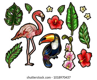 Flamingo, toucan and flowers embroidery patches for your design.