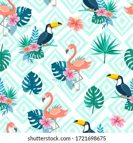 Flamingo and toucan with flowers on a background of blue geometric ornament. Tropical plants, summer seamless pattern.