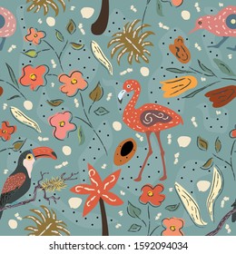 Flamingo, Toucan and kiwi bird. Exotic Bird Seamless Pattern. Vector illustration