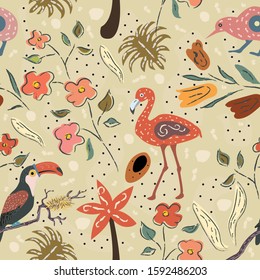 Flamingo, Toucan and kiwi bird. Exotic Bird Seamless Pattern. Vector illustration