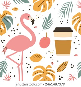 Flamingo - trendy vector illustration pattern in flat style with flamingo, coffee and tropical flowers leaves