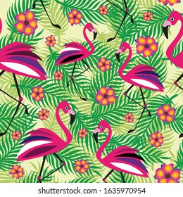 Flamingo tropic bird, flowers and palm leaves. Vector illustration. Seamless pattern.