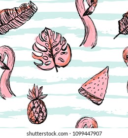 Flamingo Tropic summer pattern with stripes. Seamless design with grunge leaves vector