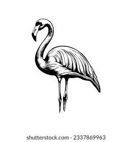 Flamingo Tropical Bird and Beak   Long Neck Black Sketch Drawing Vector Illustration  Hand Drawn Exotic Feathered Bird