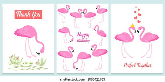 Flamingo or tropical birds illustration for party card. Summer exotic background. Vintage cute banner or spring holiday set.